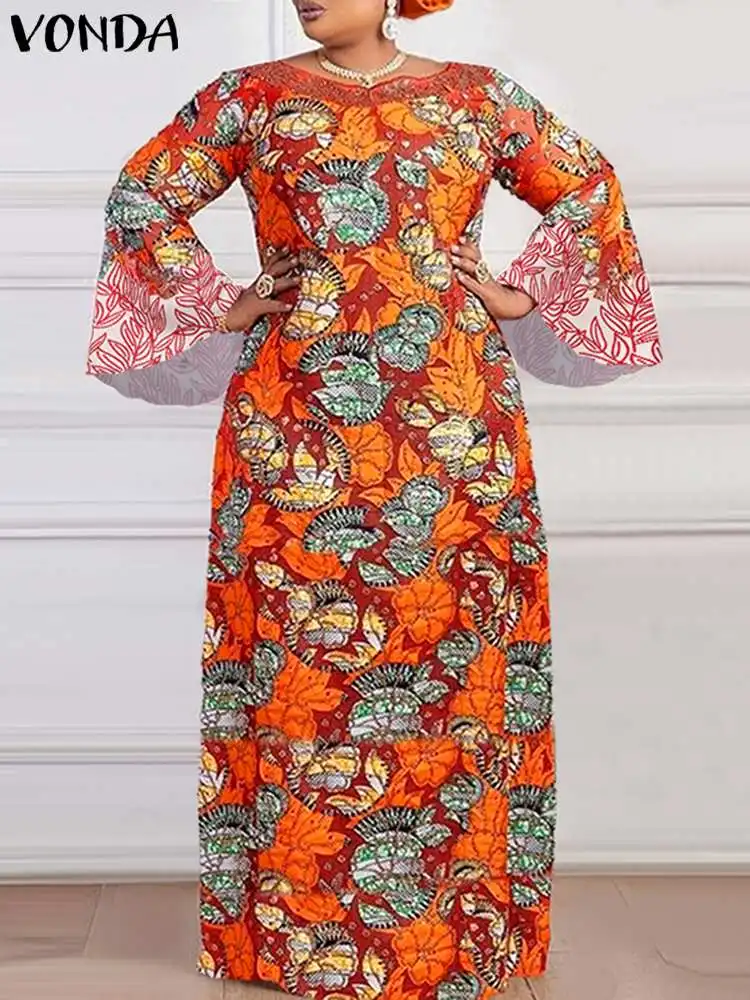 Vonda Vrouwen Zomer Vintage Maxi Zonnejurk 2024 Lange Flare Mouw Bloemenprint Bohemian Jurk Elegante Casual Losse Gewaad Femme