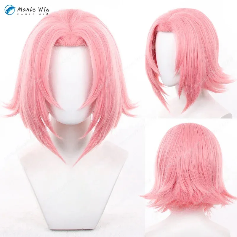 アニメコスプレウィッグ-ピンク-35cm-ショート-レディース-コスプレ-アニメウィッグ-高品質-耐熱性合成繊維-ハロウィン-無料ウィッグキャップ
