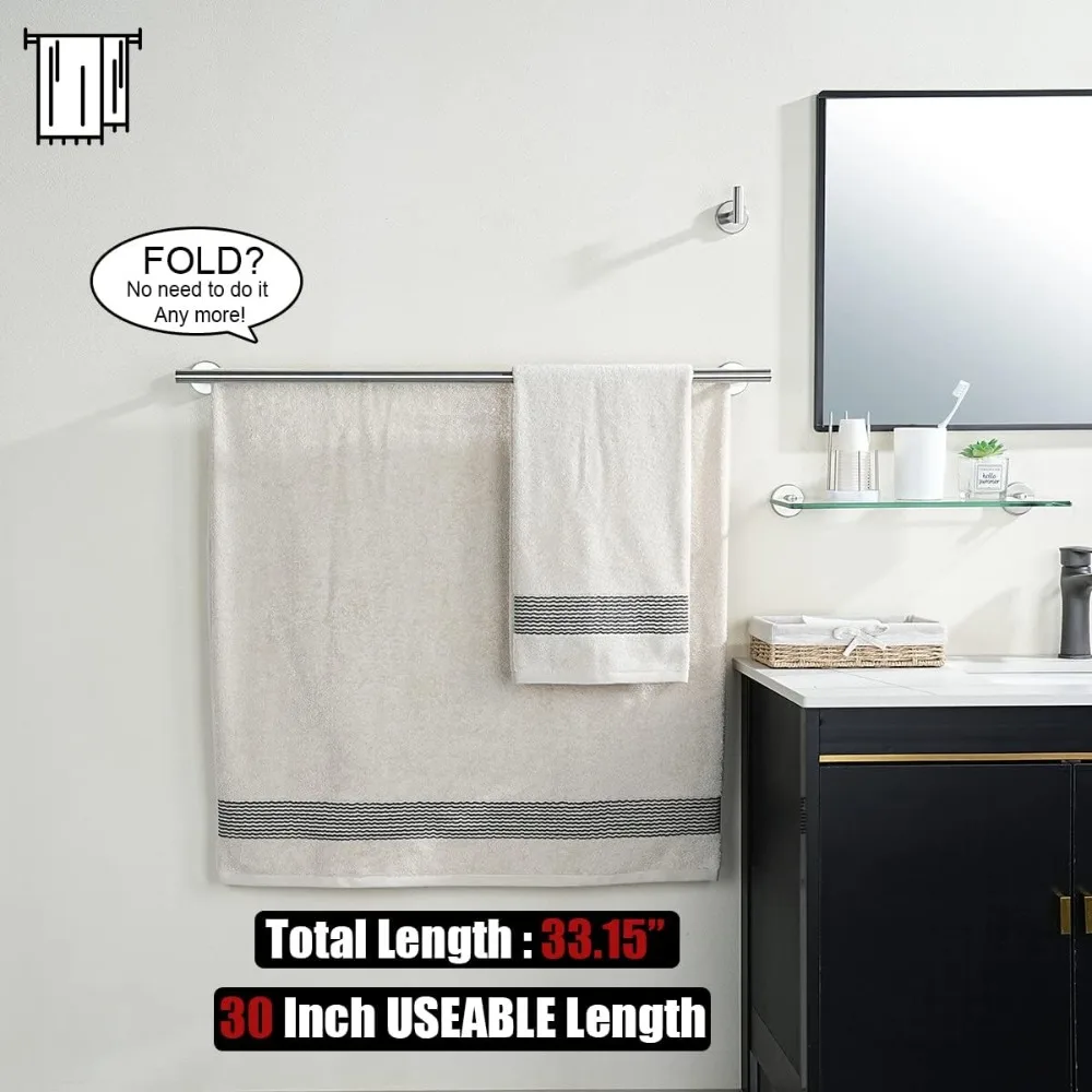 رف مناشف من الفولاذ المقاوم للصدأ سميك 33 بوصة، لمسة نهائية مصقولة، شريط منشفة حمام مثبت على الحائط للحمام، بطول 30 بوصة