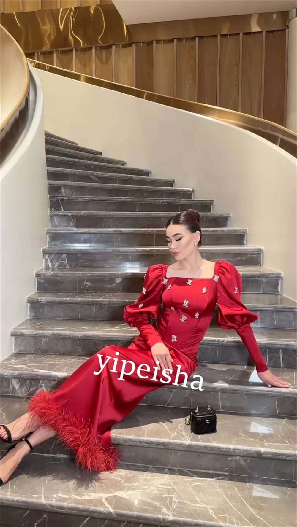 Customized S Beading Feather Christmas A-line Square Neck Bespoke Occasion Gown Midi Dresses