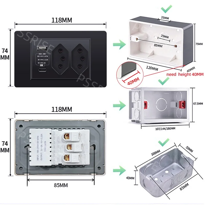 

PSSRISE Black PC Panel Brazil Switzerland Standard Outlet with Double USB 20W Type C Wall Power Switch Socket 10A 20A 118x74mm
