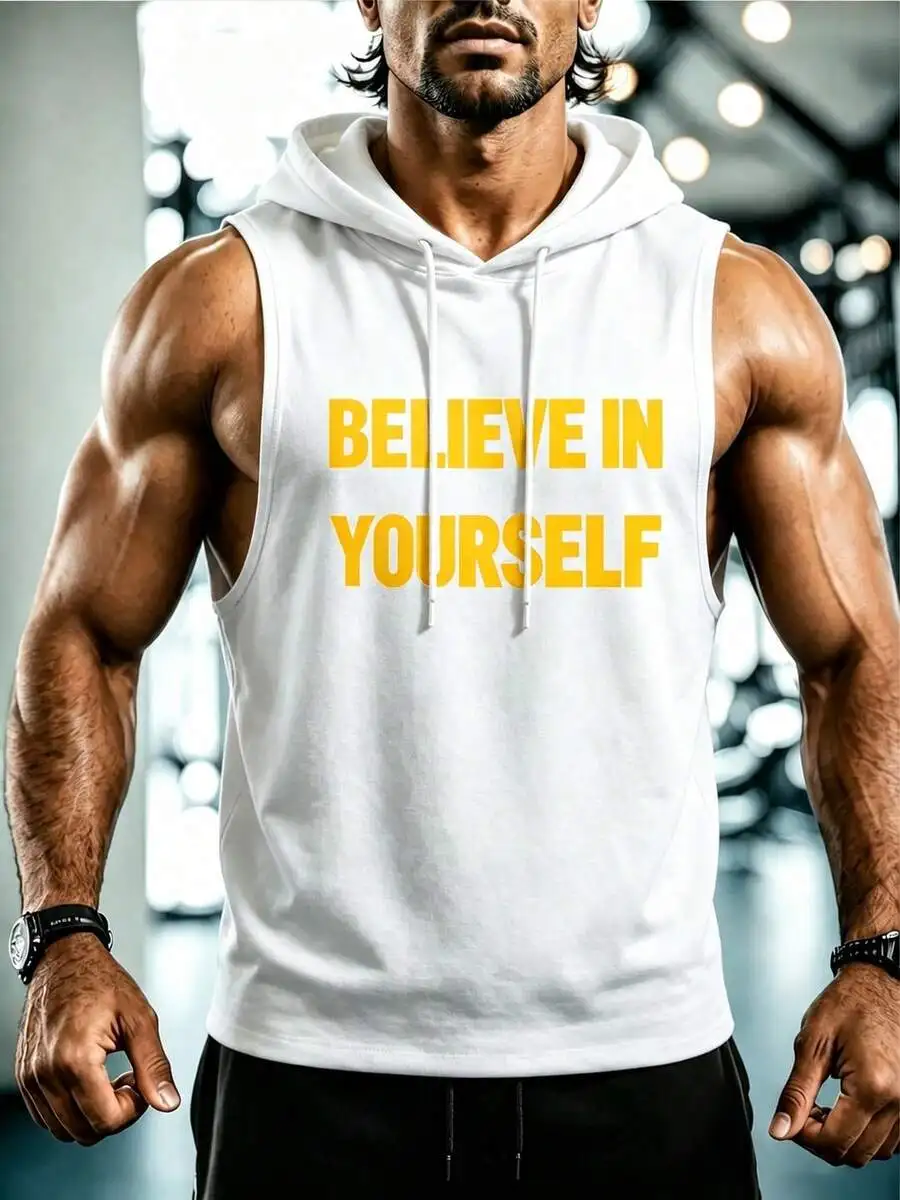 Mens Sleeveless Hooded Vest With Drawstring And Bold Letter Print