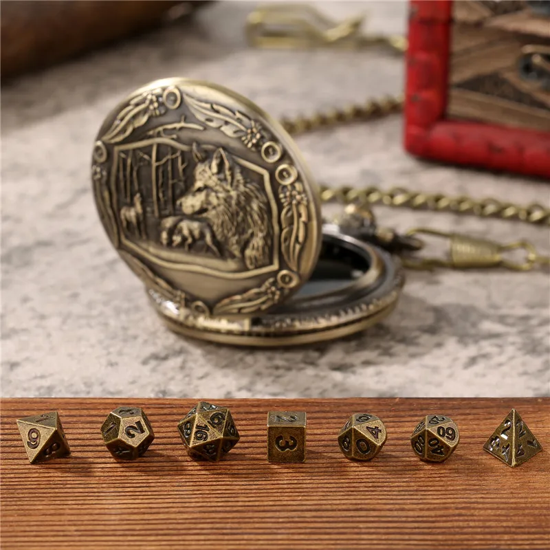 Wolf Pocket Watch Dice, Dnd Dice, 7pcs Metal Dice Wolf Pendant Chain 7pcs/set Metal Polyhedral Dice for Role Play Gaming Dices