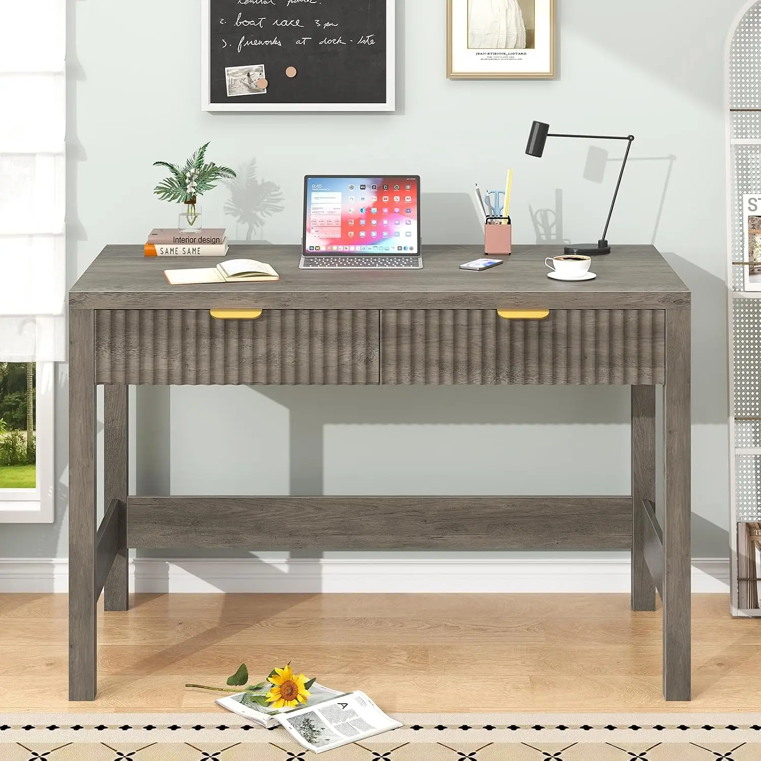 39 Inch Fluted Computer Desk with 2 Drawers for Bedroom & Home Office, Compact Writing Study Desk for Small Spaces, Customized