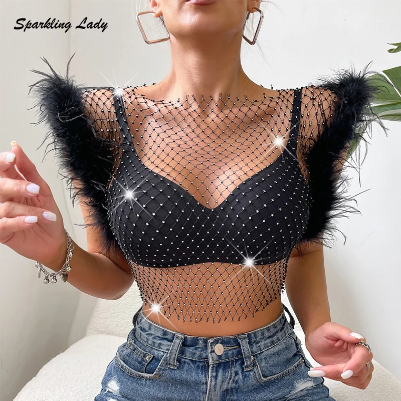 Sparkling Fishnet Mesh Rhinestone Embellished One-Shoulder  Sleeved Crop Top with Feather Ruffles for Nightclub Parties