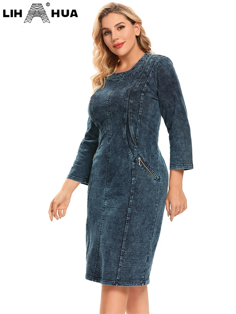 LIH HUA Women's Plus Size Denim Dress Fall Casual Fashion High Stretch Cotton Knit Dress with Pockets