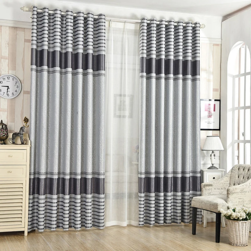 Modern Striped Jacquard Blackout Curtains, Customized Height, Thickening Shading, Living Room, Bedroom
