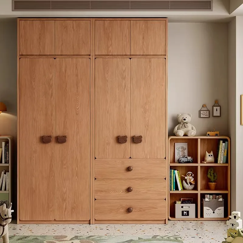 All solid wood oak children's bedroom wardrobe boys and girls children's room Nordic log style combination wardrobe