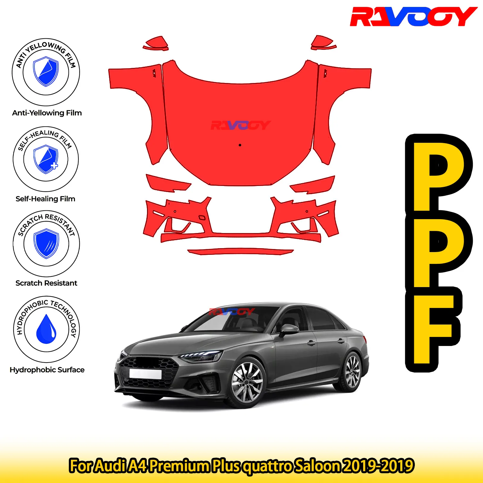 

For Audi A4 Premium Plus quattro Saloon 2019-2019 Glossy Matte Black Precut front PPF Kit Paint Protection Film