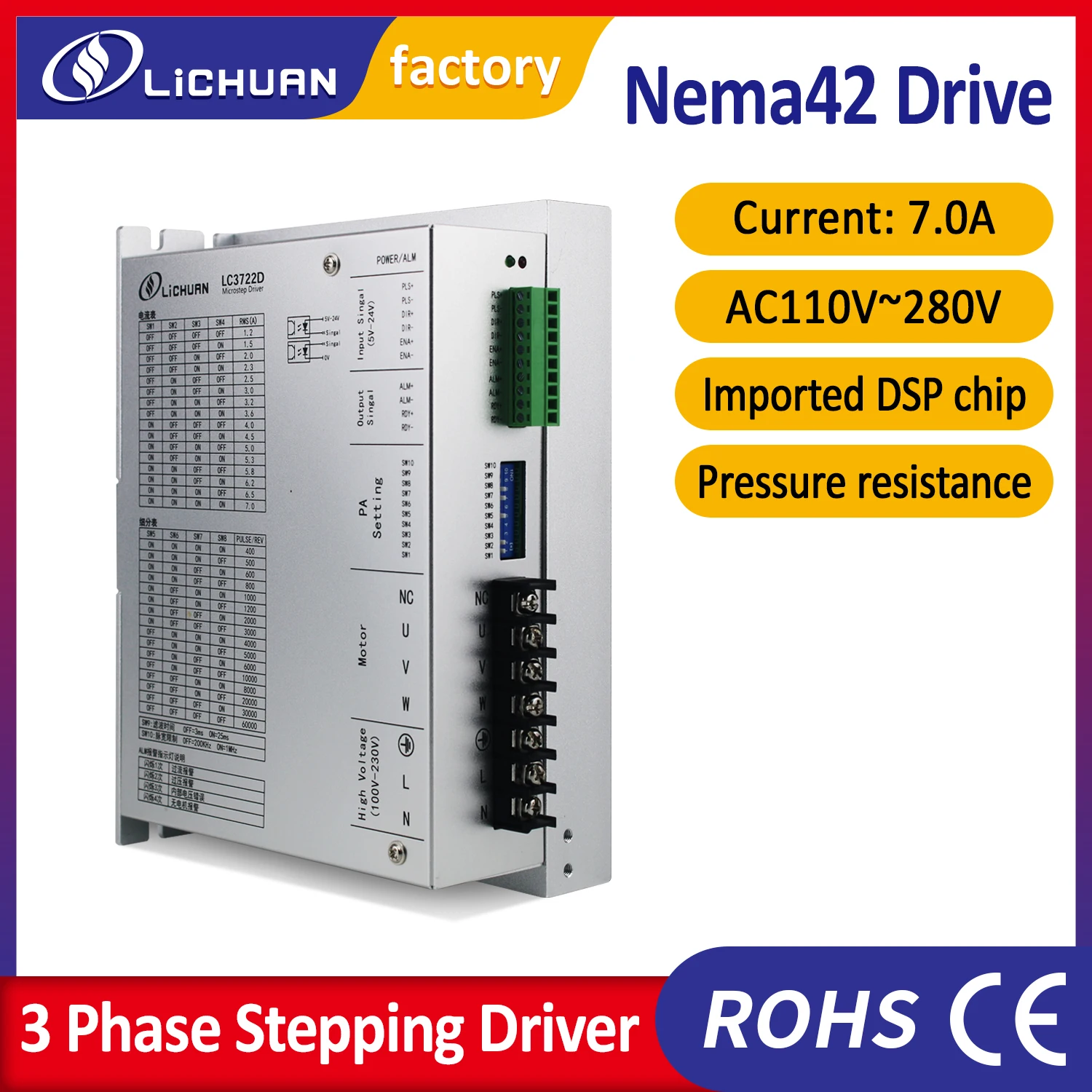 Lichuan Digital 3phase AC220V Stepper Driver 7.2A LC3722D fit Nema42 Nema52 big step motor high torque for CNC big machine