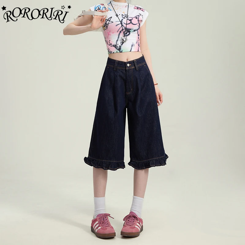 

RORORIRI Джинсовые шорты в стиле ретро для женщин, расклешенные брюки-клеш с рюшами и высокой талией, джинсовые капри, летние шикарные дизайнерские брюки