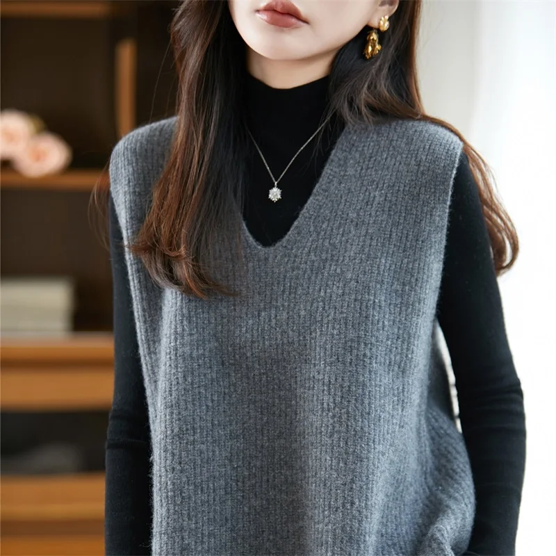 Outono inverno feminino 100% lã merino pulôver colete camisola com decote em v malhas cashmere macio solto estilo sem mangas roupas topo