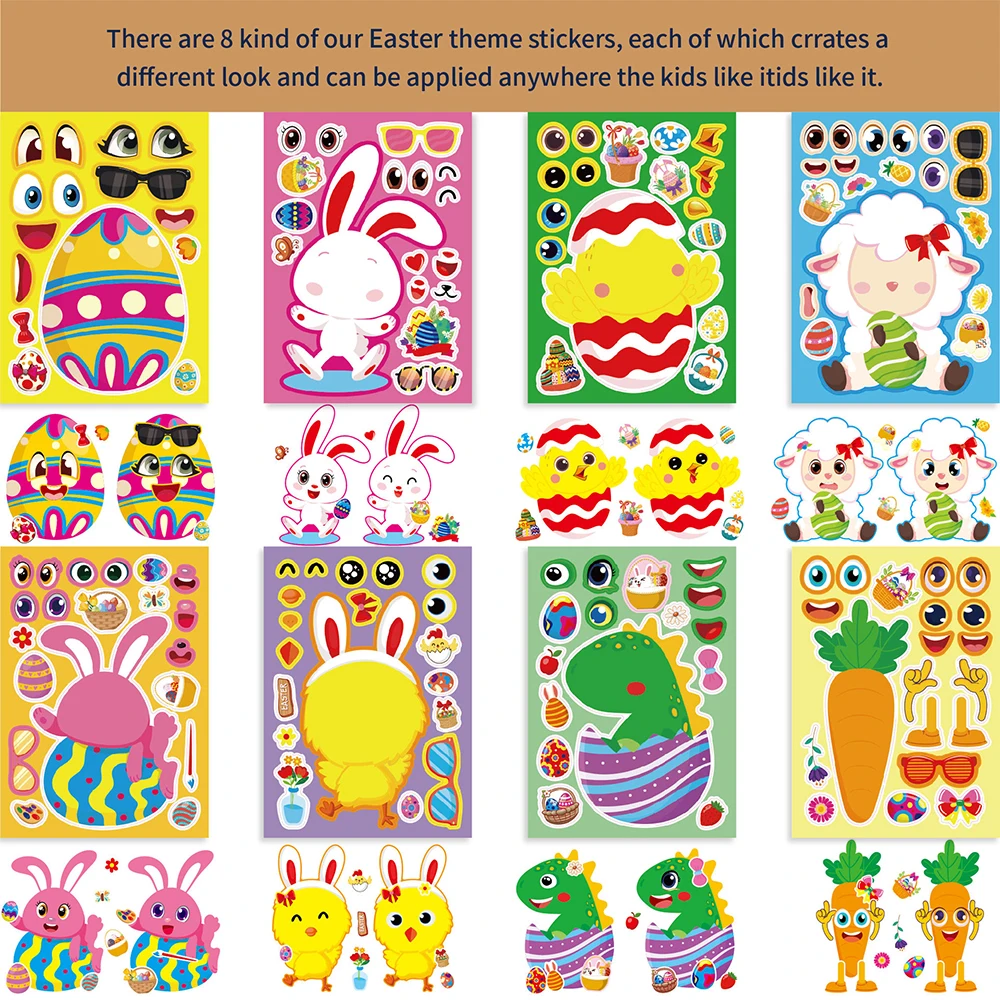 8/16 arkuszy Śliczny królik Zrób twarz Puzzle Naklejki DIY Dzieci Stwórz swój własny króliczek Złóż układankę Ulubione przyjęcie Zabawki dla dzieci Prezent