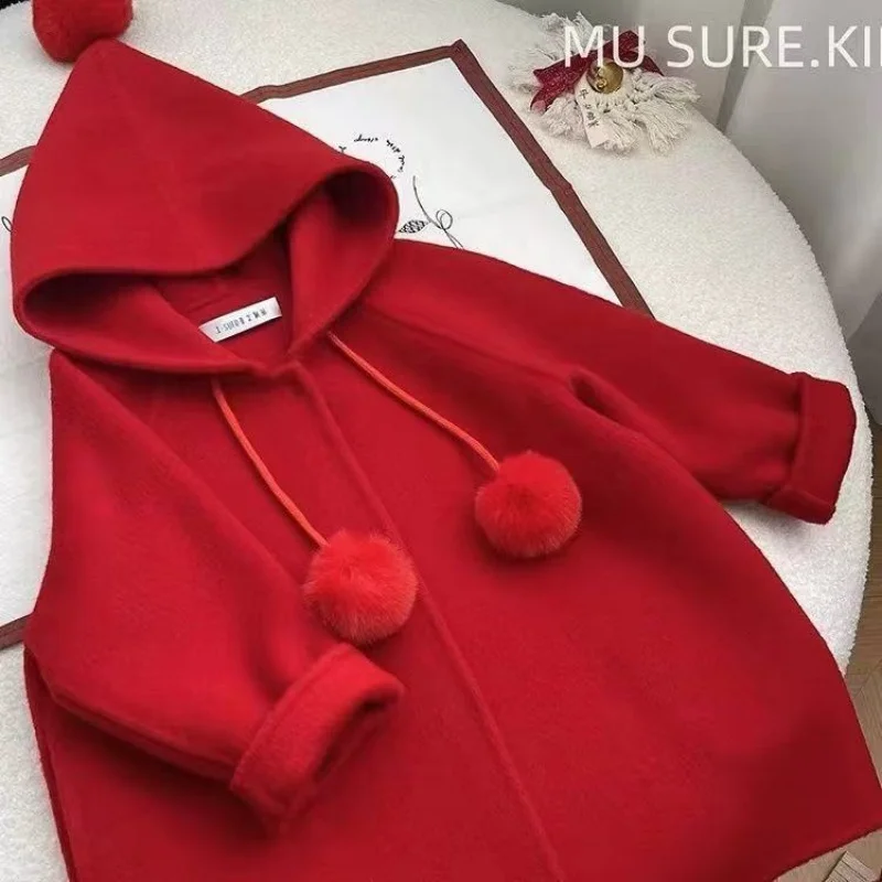 

South Korean Girl Little Red Riding Hood Warm Woolen Coat 2025 Autumn/Winter Dress Cute Girl Baby Fairy Hat Woolen Coat