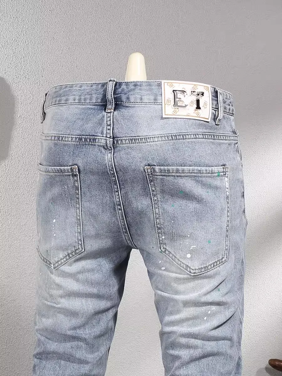Street Fashion Men Jeans Retro Light Blue Stretch Elastic Slim Fit Ripped Jeans Men Patched Designer Vintage Denim Pants Hombre