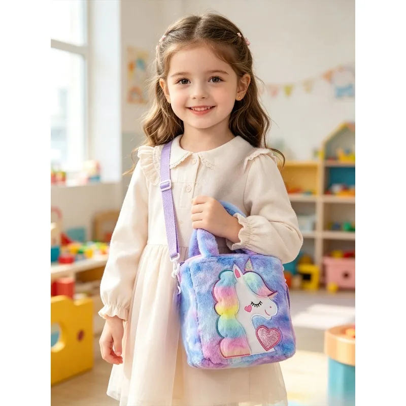 Kids Cute Unicorn Plush Bag Cartoon Embroidery Soft Fluffy Single Shoulder Crossbody Handbag For Girls Daily Gift