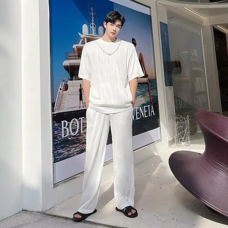 

Летний новый костюм с длинными рукавами, мужские брюки, полный комплект, плиссированные, с эффектом водной ряби, высококачественная свободная одежда.