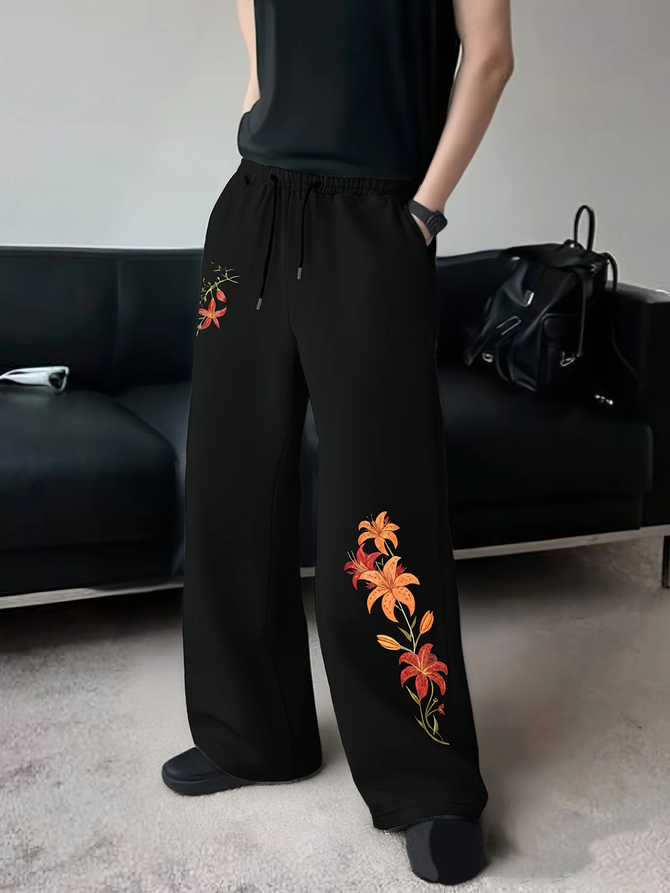 Retro Floral Print Straight‑Leg Pants, Men's Casual Straight Sweatpants Streetwear Drawstring Trousers S‑3XL
