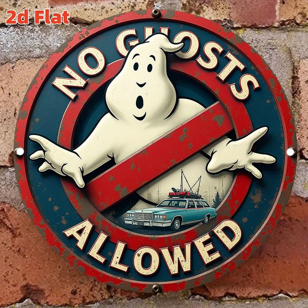Retro No Ghosts Allowed Round Wooden Wall Sign Ghostbusters Themed Decor