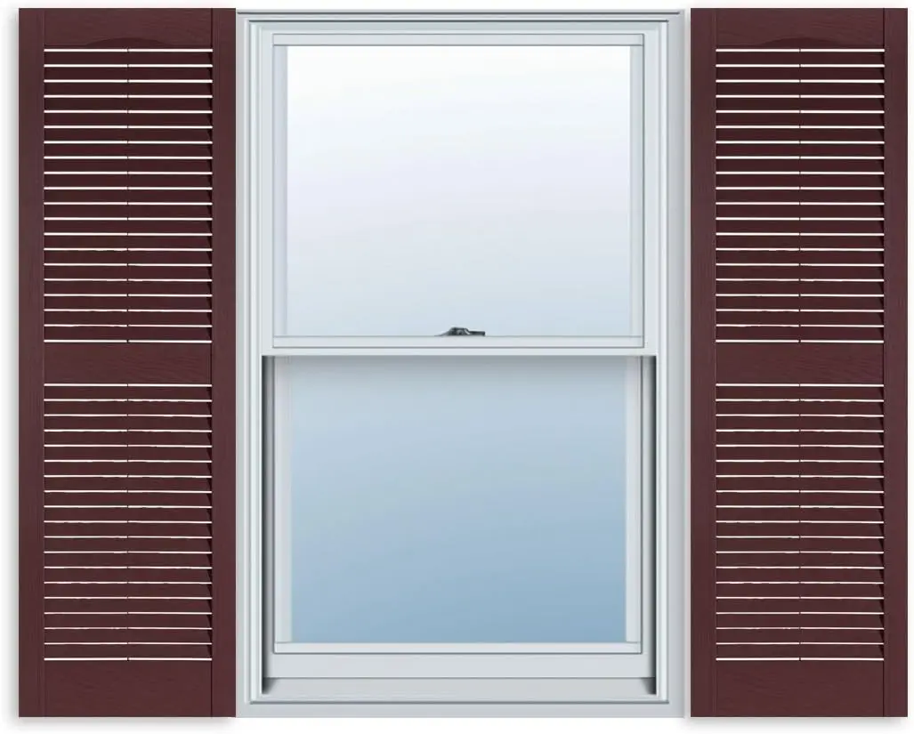 15 Inch x 71 Inch Standard Louver Exterior Vinyl Window Shutters Burgundy 1Pair Embossed Wood Grain Texture