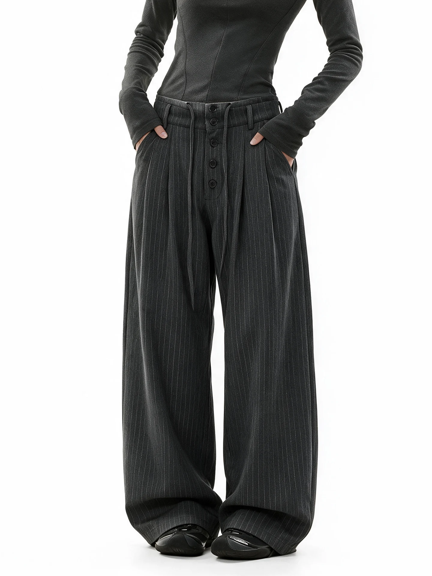 Aaisup Black Striped Wide Leg Pants Women's Spring Autumn Drawstring Casual Trousers Slimming Silhouette Polyester Fiber