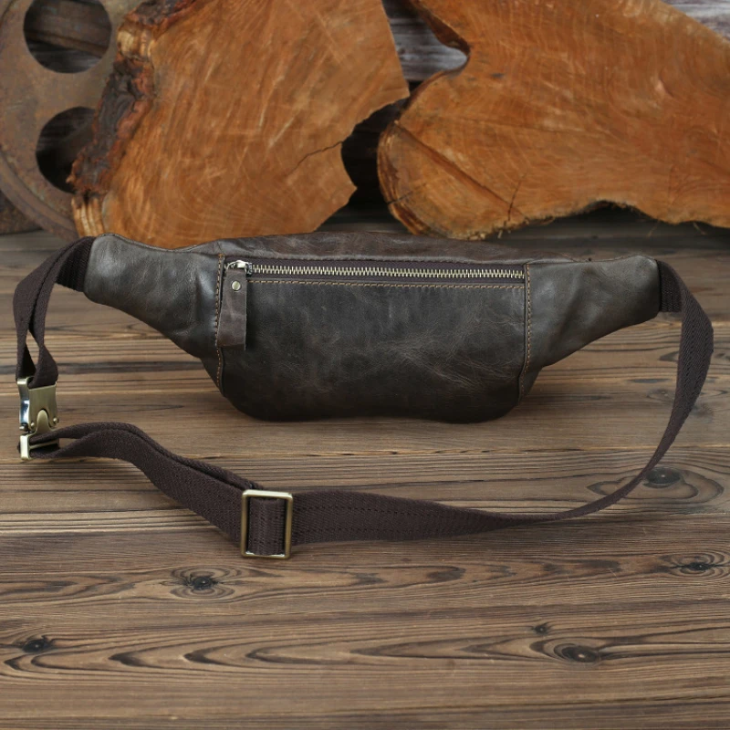 Bolsa de cintura de couro genuíno vintage para homens, pequeno Fanny Pack, cinto de banana, bolsa casual para celular