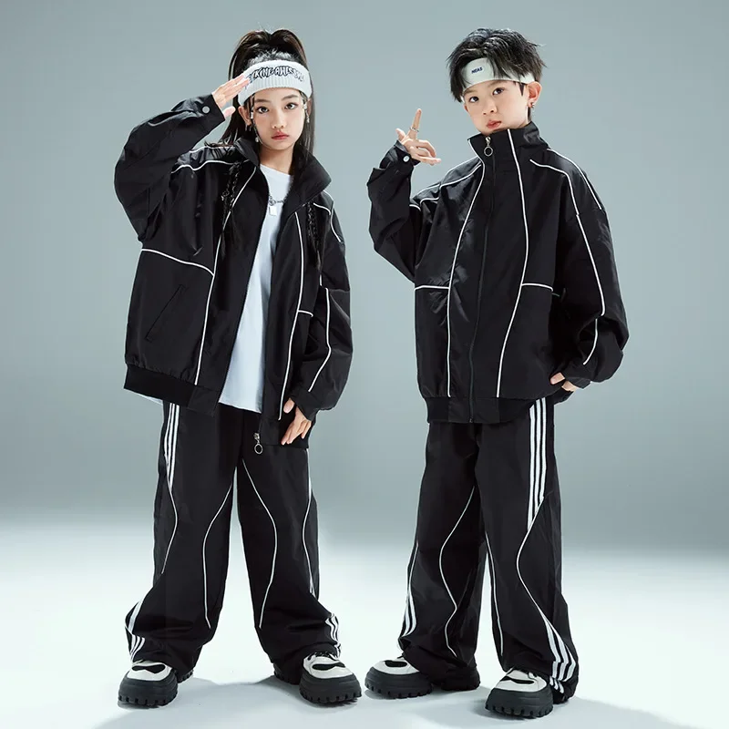 Jungen Hip Hop Schwarz Baseball Mantel Street Dance Baggy Hosen Mädchen Lose Jacke Kinder Jazz Sport Kleidung Sets Kinder Streetwear