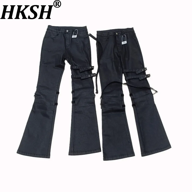 HKSH Spring Autumn Winter New Men Tide Ins Lace-Up Coated Denim Waxed Jeans Metal Buckle Flared Denim Pants Punk Stylish HK18172