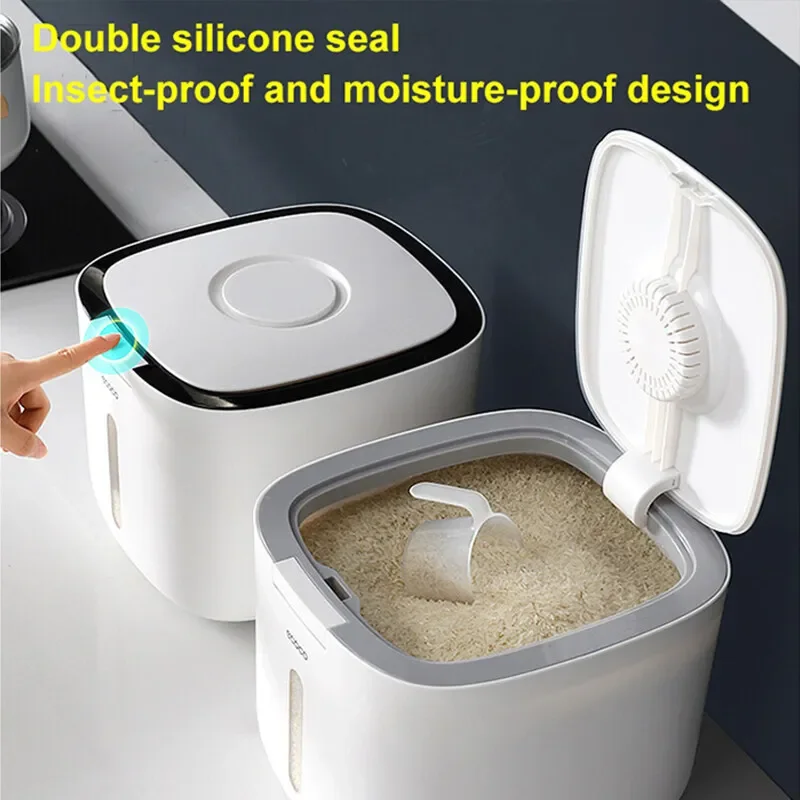 

Automatic Rice Container 10kg Cereal Food Plastic Box Kitchen Accessories Moisture-proof Bulk Storage Jar Airtight Box Dispenser