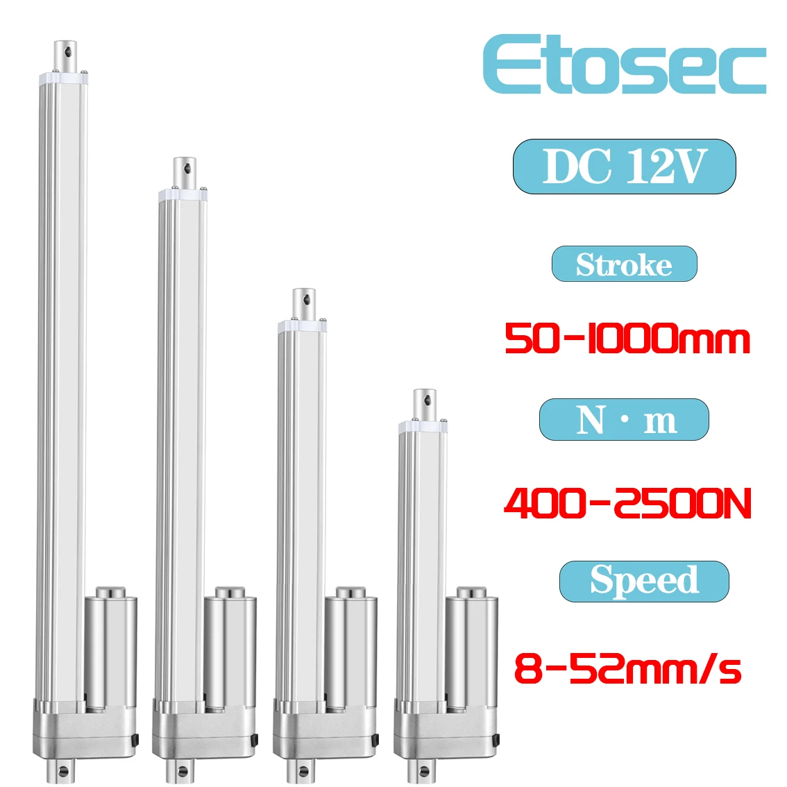 etosec 2500n 12v 24v atuador linear de baixo ruido 50 mm 100 mm 300 mm 700 mm 900 mm 1000 mm curso solar tracker motorizacao da porta 01