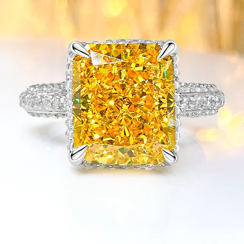 

925 Sterling Silver Ring Women's Rectangular Yellow Diamond Ring Set High Carbon Diamond Engagement Jewelry