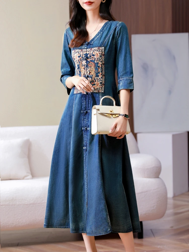 

TIYIHAILEY Free Shipping 2023 New Women Long Mid-Calf Three Quarter Denim Summer Dress M-2XL Embroidery V-Neck Single Breasted