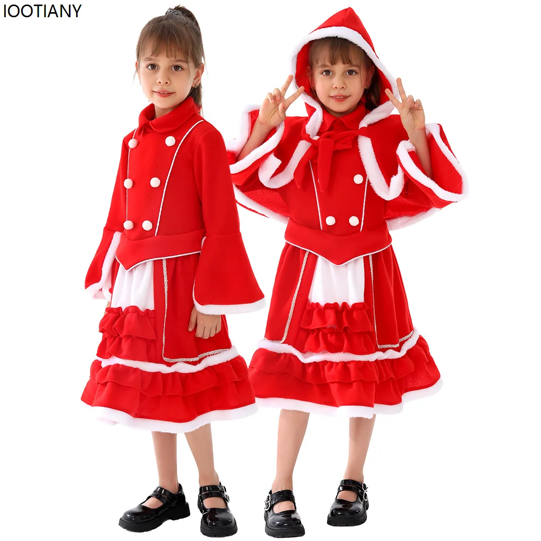 Autumn Winter Christmas Velvet Warm Set Women Santa Claus Lolita Dress With Shawl Holiday Party Stage Fancy Dress Christmas Gift