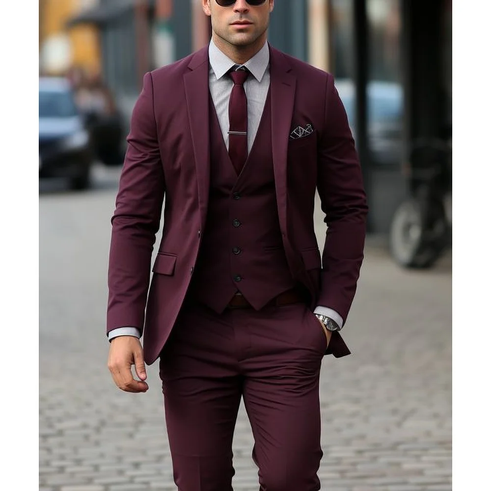 

Burgundy Notch Lapel Men Suits Three Piece Business Casual Formal Outfits Slim Fashion Single Breasted Wedding Tuxedo 2024