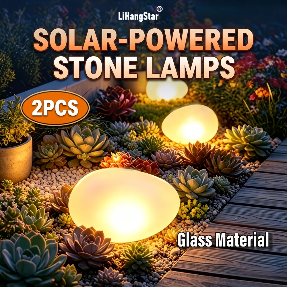Set da 2 luci solari a forma di ciottolo, con alloggiamento in vetro, luci a LED per giardini e prati, si accendono automaticamente di notte, luci decorative per il giardino, adatte per vialetti,