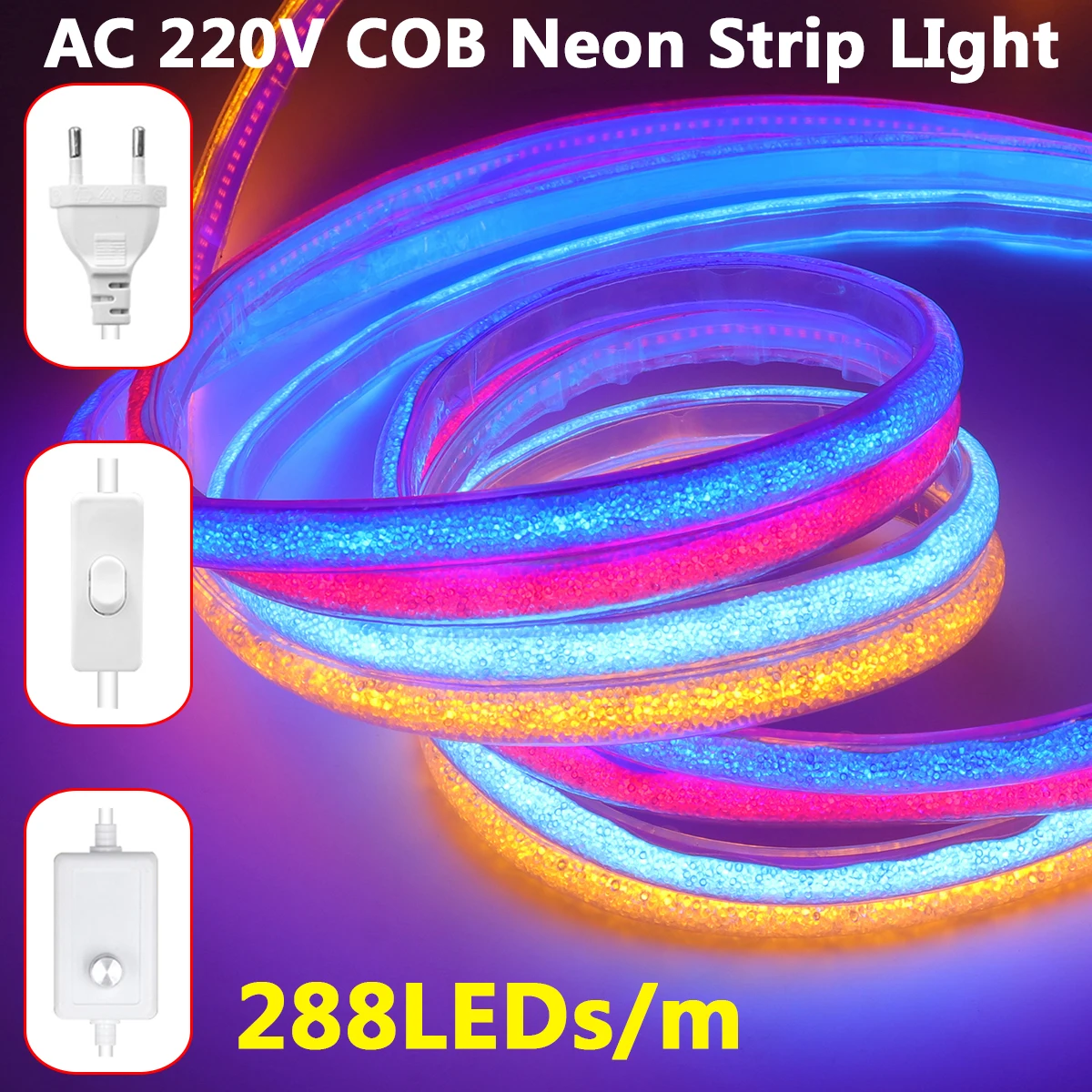 Waterproof 220V COB Neon LED Strip Light Switch/Dimmer EU Plug  288LEDs/m IP65 High Bright Flex Tape Home Garden Backlight Decor