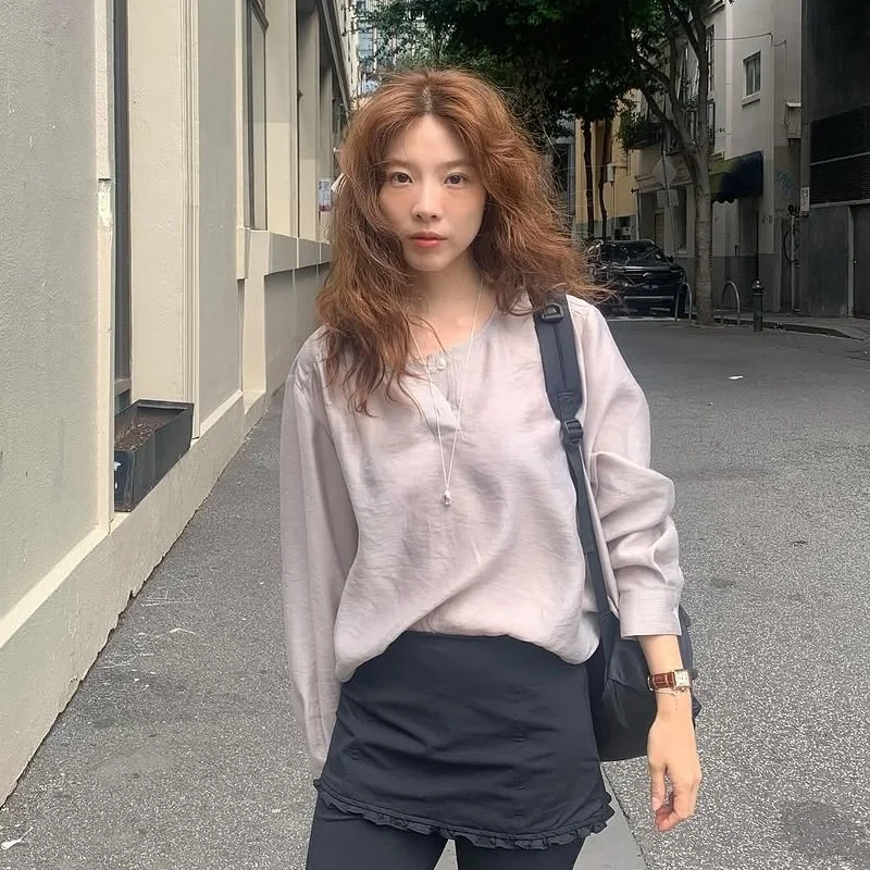 

Korean style Round Neck Tencel Long Sleeve Blouse - Women's Soft Breathable Shirt