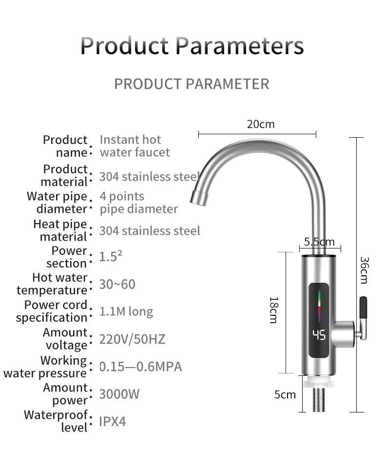 Grifo calentador de agua eléctrico cocina baño 3000W 220V grifo de agua caliente instantáneo de acero inoxidable calentador grifo de calefacción fría