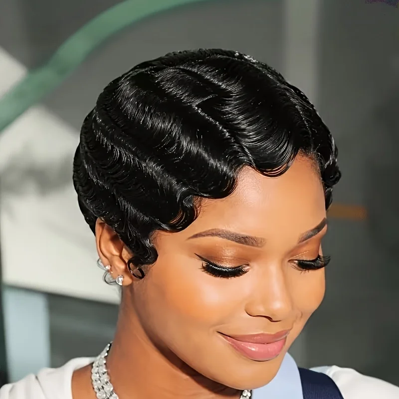 Women's Pixie Cut Human Hair Wig Finger Wave Full Machine Made Wig for Easy Care And Versatile Styling