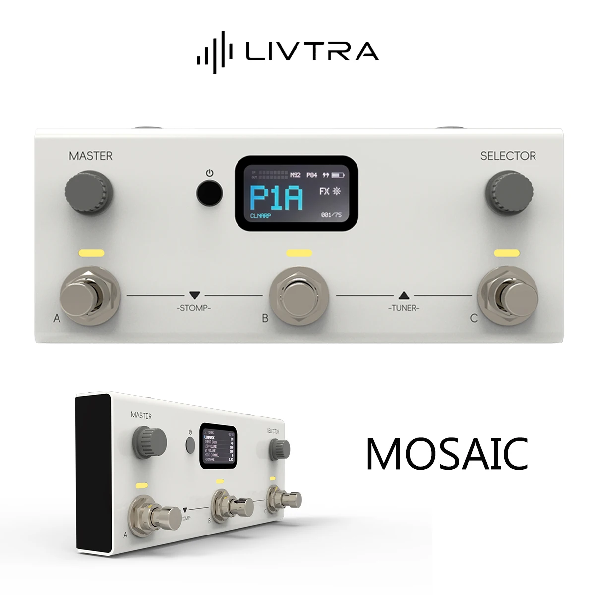 LIVTRA MOSAIC Guitar Multi-Effects Processor – 8+1 Modules, 30 Amps + 30 Cabs, Bluetooth Audio, 7.5h Battery, 3 Footswitches