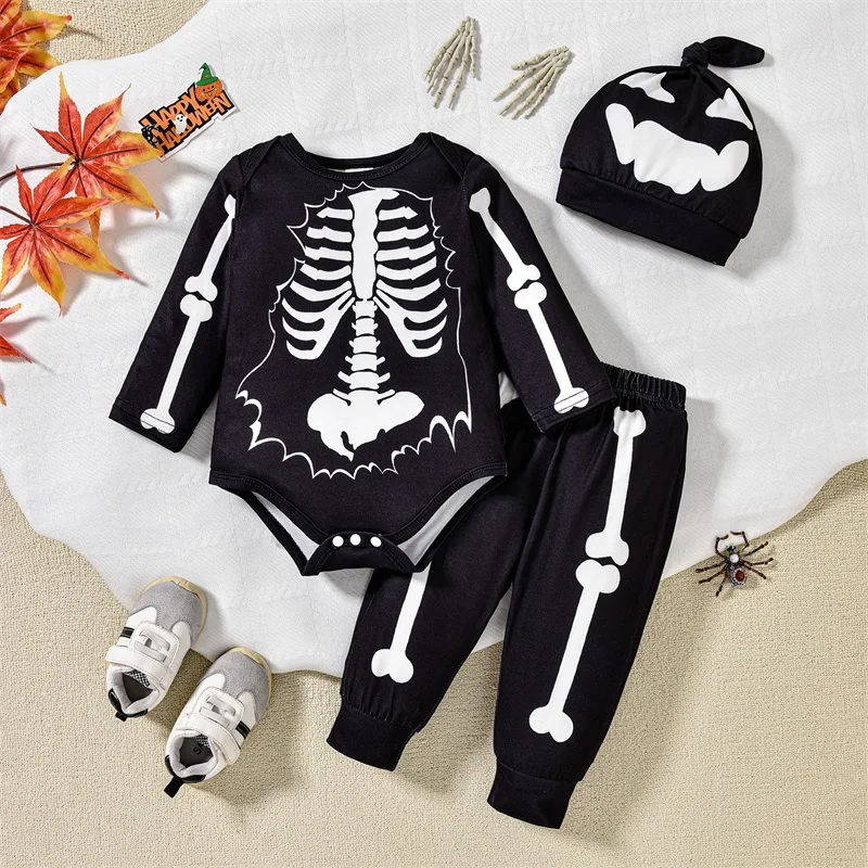 

Baby Boy Fall Halloween Outfit Skeleton Print Long Sleeve Rompers and Pants Hat Set Spring 3 Piece Clothes