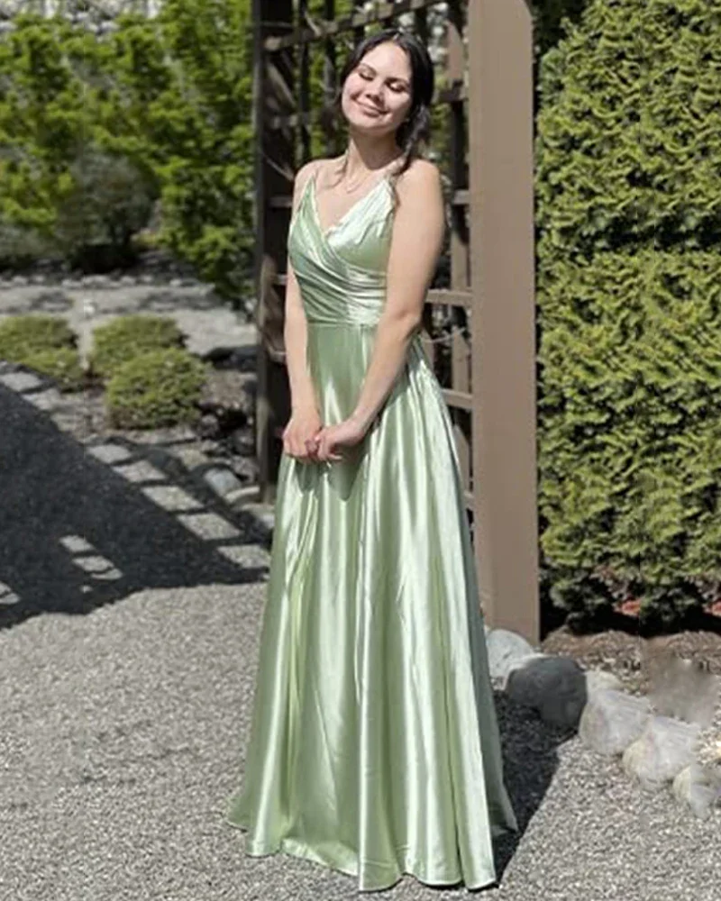 Mint Green Women's A-Line Bridesmaid Dresses for Wedding Formal Satin Spaghetti Strap Prom Dress Long Side Split Evening Gowns