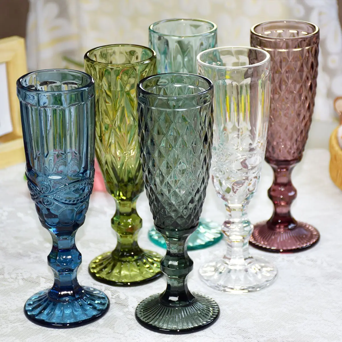 150ml 5oz Glass Mugs Household Vintage Embossed Heavy Thick Glassware  Colored Cups Colored Champagne Flute Glasses Goblet Cups - AliExpress 15