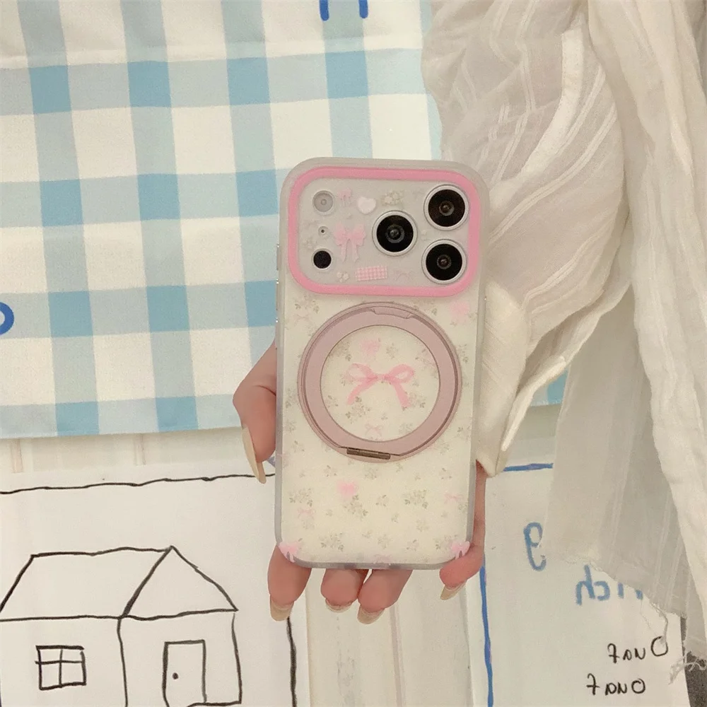 Cute Floral Pink Bow Magnetic Case For iPhone 15 16 17 ProMax Rotatable Kickstand Shockproof Hard Protective Phone Cover Girls