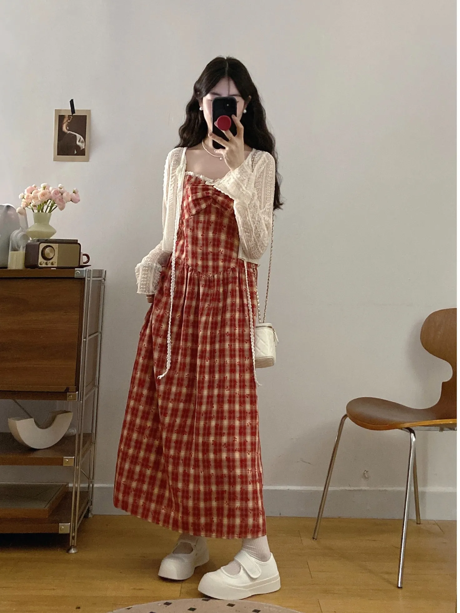 

plus Size Women's Red Plaid Lace Trim Summer Dr Soft Cozy Cardigan Korean Sle High Waist A-Line Midi Dr Knot