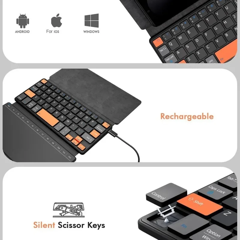 Tragbare, kabellose Bluetooth-Tastatur mit Touch-Funktion, wiederaufladbar, faltbar, mit Lederhülle und Ständer, Mini-Tastatur für Büro und Geschäftsreisen. – Detail 5