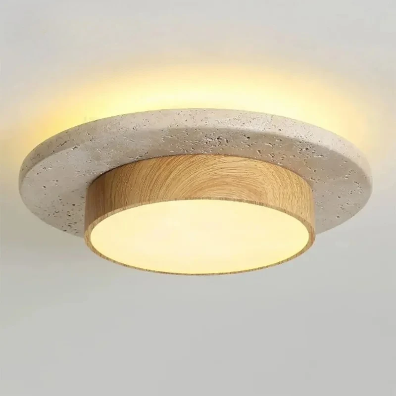 

Retro Bedroom Ceiling Light Circular Stone LED Ceiling Lamp Walnut/wooden Balcony Hallway Living Room Indoor Light