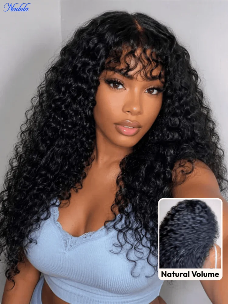 Nadula Afro Curl Volume Drawstring Glueless Human Hair Wig with Layered Curly Bangs Pre-Cut 4x2 Lace Soft Life Look Natural Bouncy Curly Put and Go 100% Human Hair Wig Density 180% Begginer Friendly No Tangle No Shedding US Free Local Return if don't like