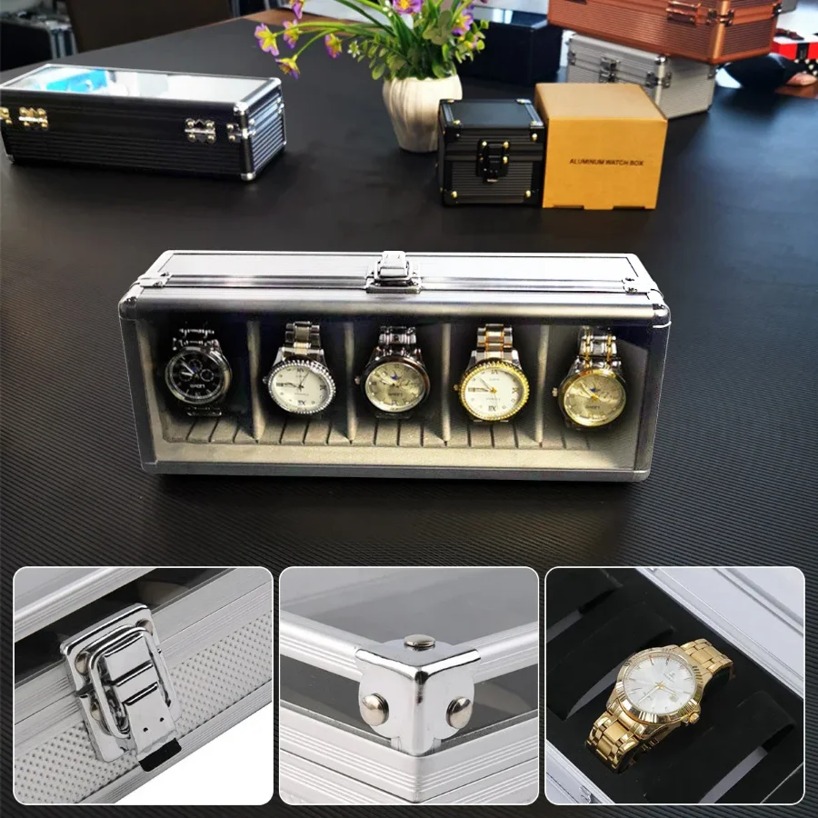 صندوق ساعات ألومنيوم فاخر 12/6 فتحات شبكية ساعات مجوهرات عرض صندوق تخزين حافظة مربعة من جلد الغزال داخل حامل ساعة مستطيل