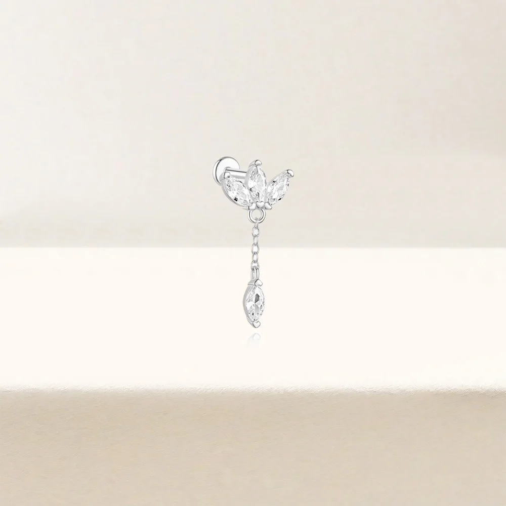 LENNIK White Gold Single S925 Silver Earring Women clover water droplet flat bottom tassel zircon piercing sweet earring  עגילים